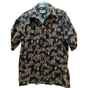 Campia men button front L large tropical beer cocktails Hawaiian shirt black vtg